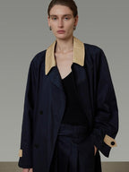 unspoken Minimal Commuter Cotton Loose Fit Single Breasted Long Navy Trench Coats