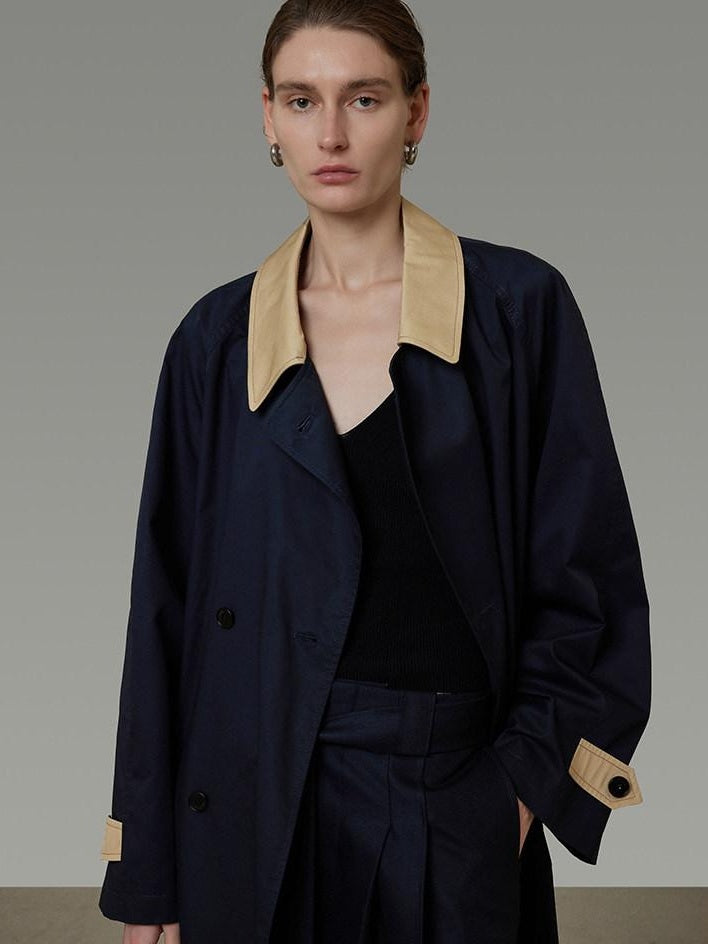 unspoken Minimal Commuter Cotton Loose Fit Single Breasted Long Navy Trench Coats