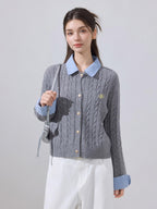 ikyou Soft Preppy Slim Faux Layer Women Casual Long Sleeve Crewneck Grey Cardigans