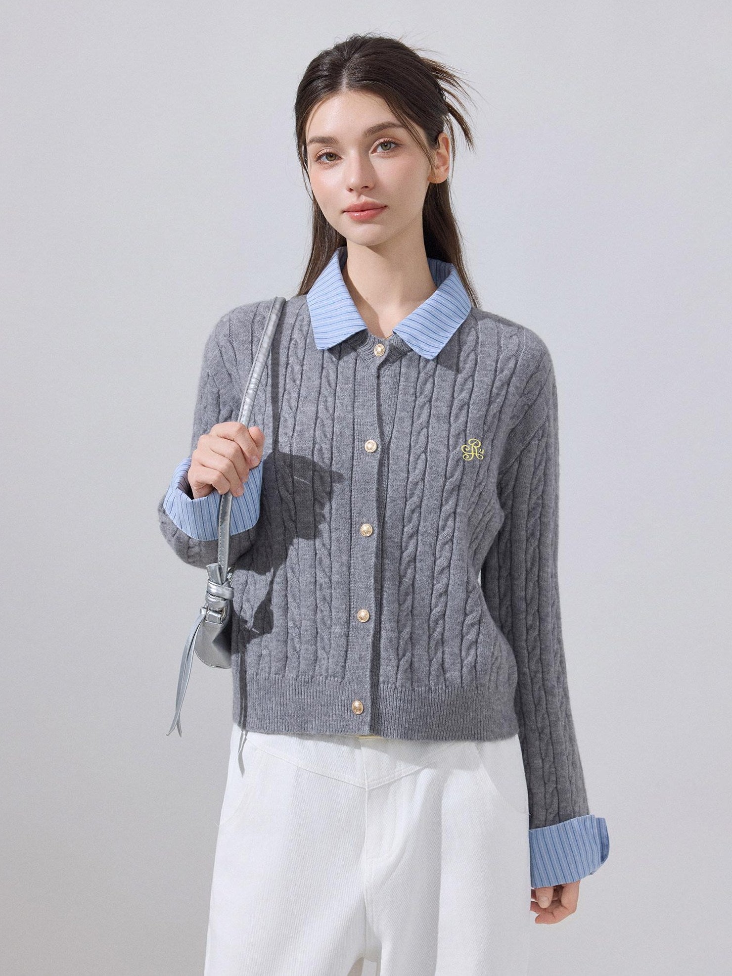 ikyou Soft Preppy Slim Faux Layer Women Casual Long Sleeve Crewneck Grey Cardigans