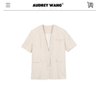 audreyyang_Pure_Linen_Commuter_Loose_Fit_Short_Sleeve_V-neck_Women_White_Blazers_MISSTT