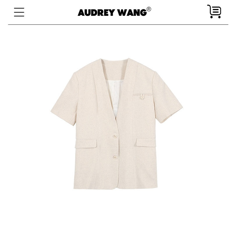 audreyyang_Pure_Linen_Commuter_Loose_Fit_Short_Sleeve_V-neck_Women_White_Blazers_MISSTT