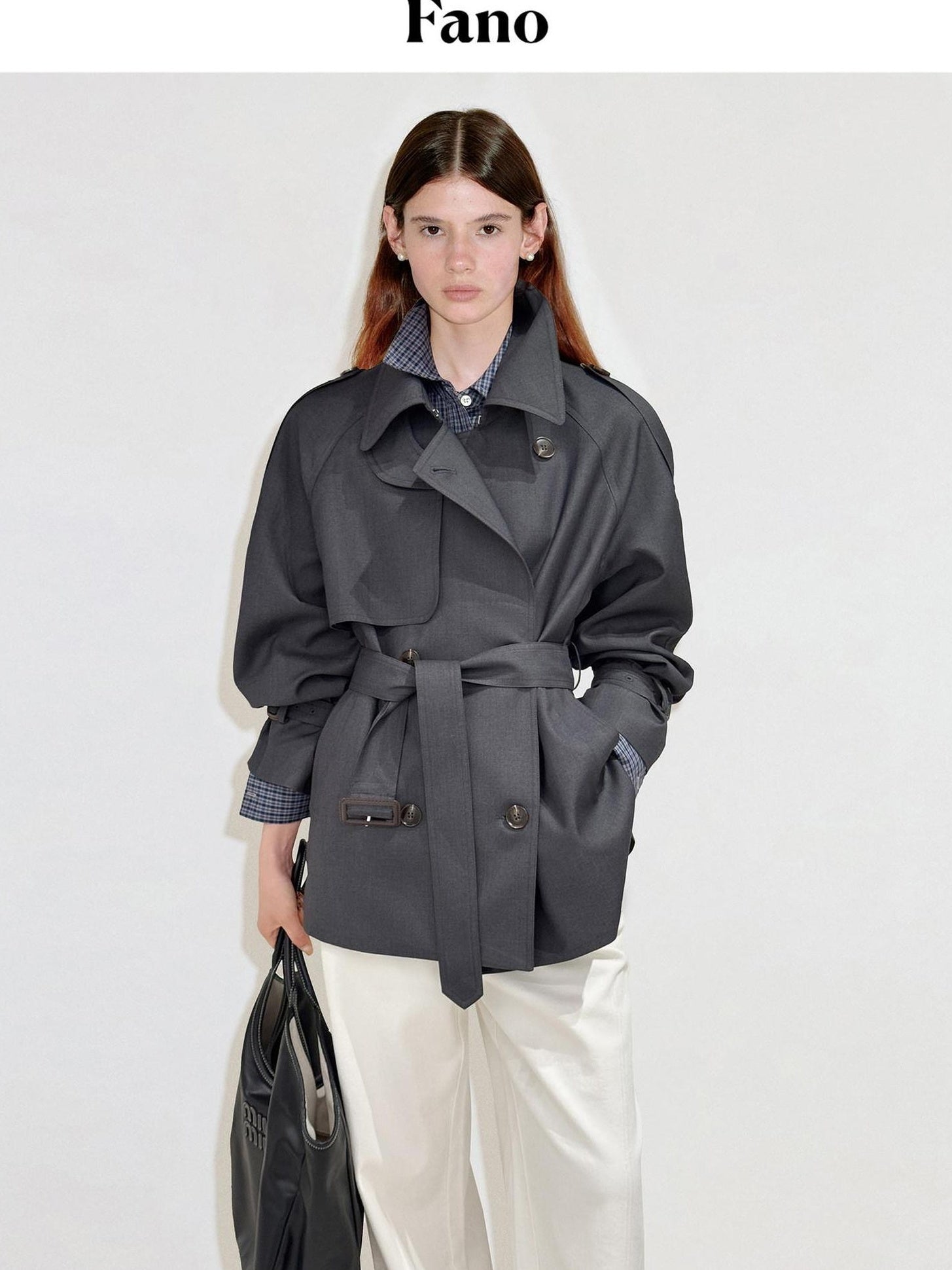 fano Double Breasted Button Front Minimal Commuter Straight Women Khaki Short Coat