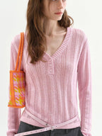 fano Soft Bubblegum Pink Slim Korean V-neck Long Sleeve Women Acrylic Sweaters