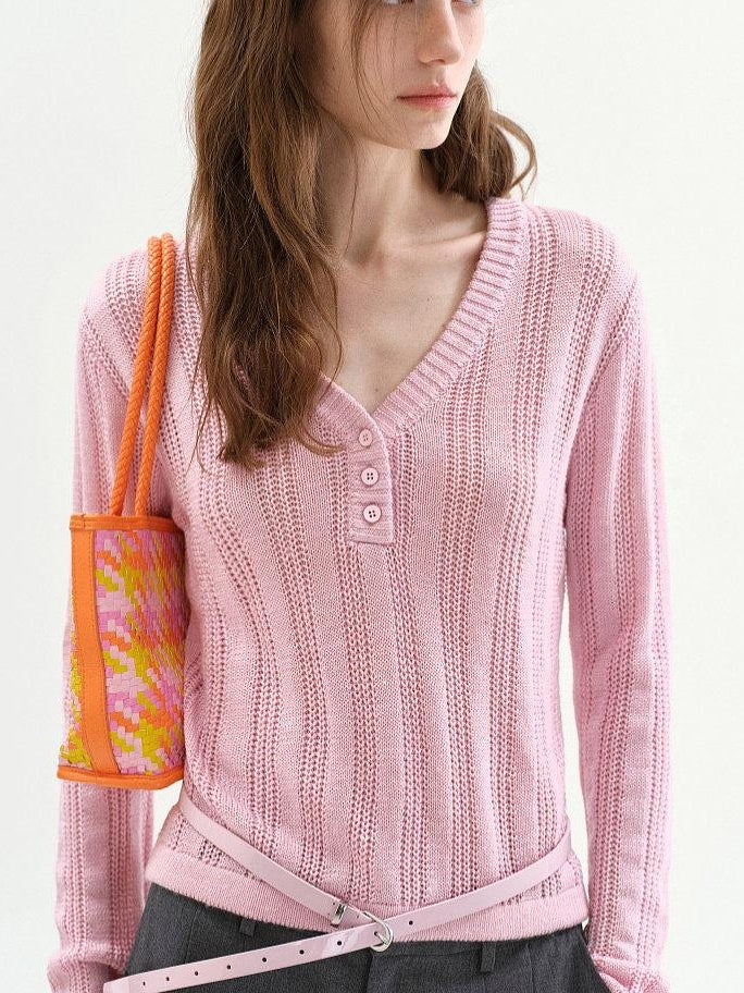 fano Soft Bubblegum Pink Slim Korean V-neck Long Sleeve Women Acrylic Sweaters