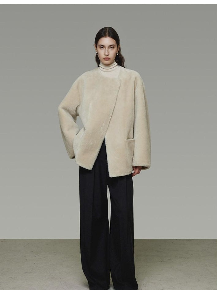 unspoken Warm Cream Collarless Minimalist Relaxed Fit Women Polyester Short Coat