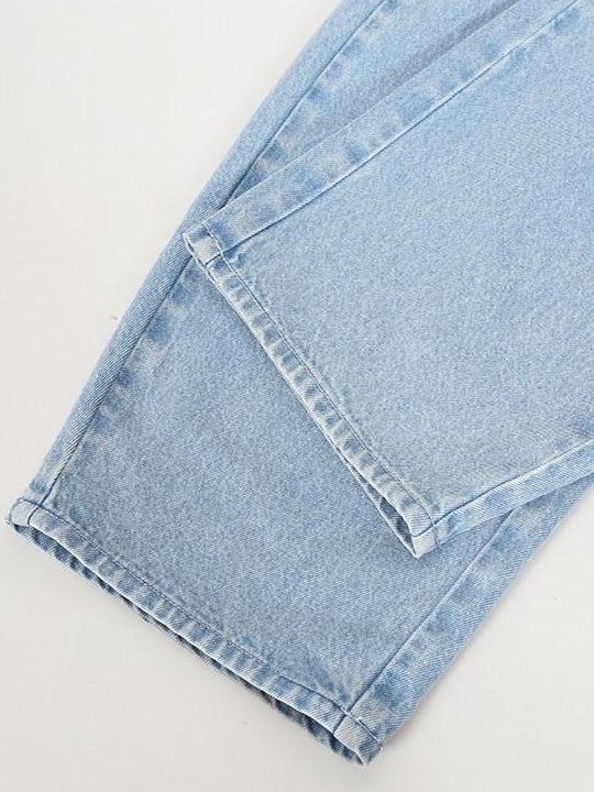 audreyyang High Waist Water Washed Light Blue Zipper Fly No Stretch Women Wide Leg Jeans