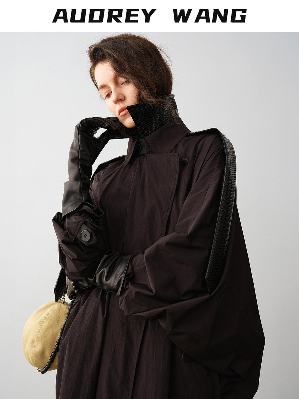 audreyyang Long Polyamide Patchwork Trench Decorative Tabs Women Black Trench Coats