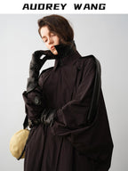 audreyyang Long Polyamide Patchwork Trench Decorative Tabs Women Black Trench Coats