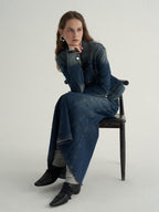 someone sometimes High Cotton Denim Blue Long Sleeve Collared Buttoned Women Top & Skirt Sets