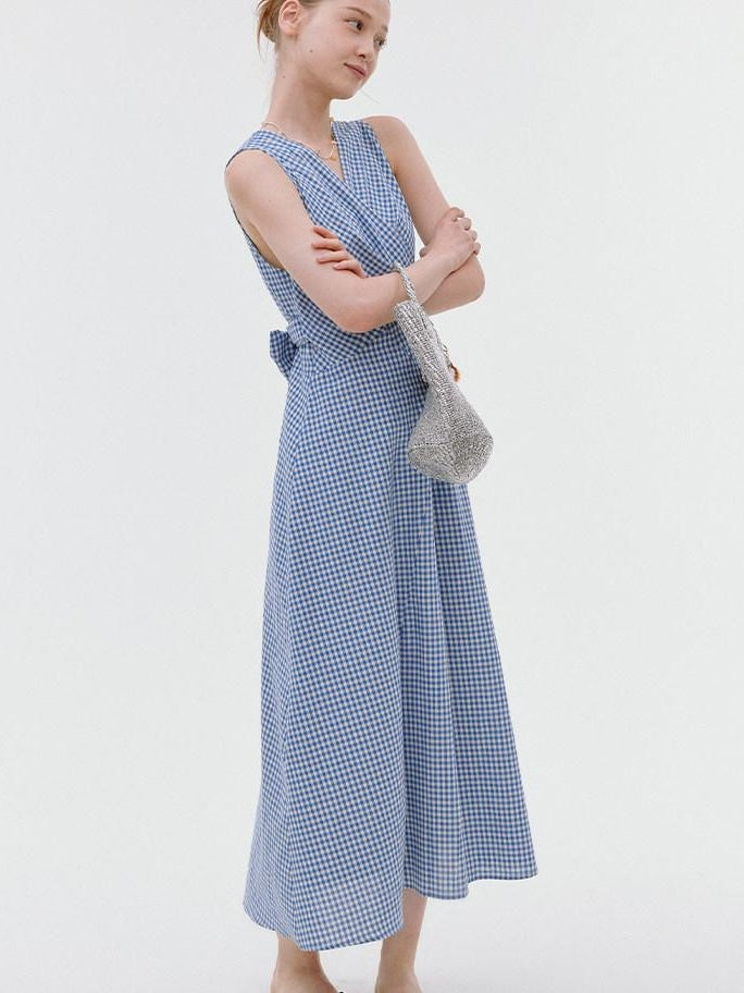 fano Pure Cotton Sleeveless V-neck A Line Office Casual Women Blue Midi Dresses