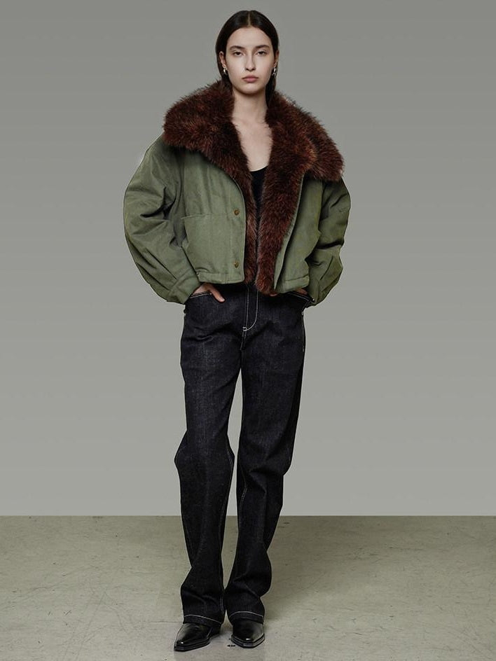 unspoken Fur Collar Short Single Breasted Office Olive Green Long Sleeve Cropped Jackets