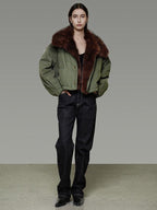 unspoken Fur Collar Short Single Breasted Office Olive Green Long Sleeve Cropped Jackets