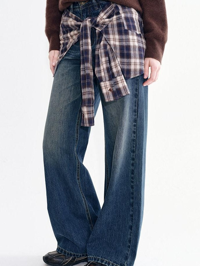 fano Breathable Cotton Wide Natural Waist Plaid Womens Straight Leg Jeans