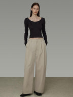 unspoken Pleated Natural Waist Minimalist Loose Women Khaki Zipper Wide Leg Pants