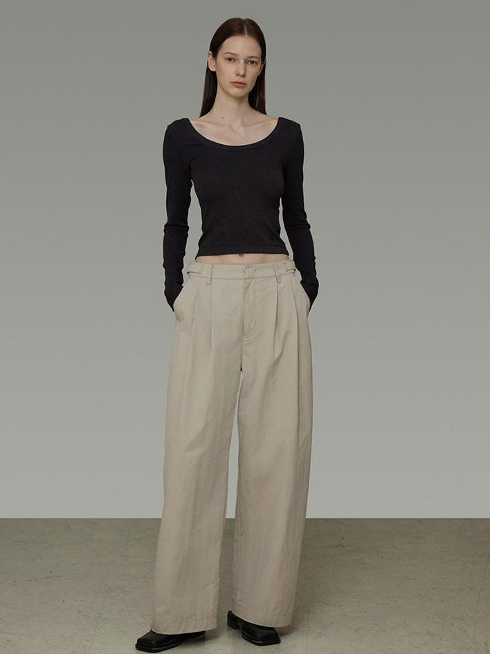 unspoken Pleated Natural Waist Minimalist Loose Women Khaki Zipper Wide Leg Pants