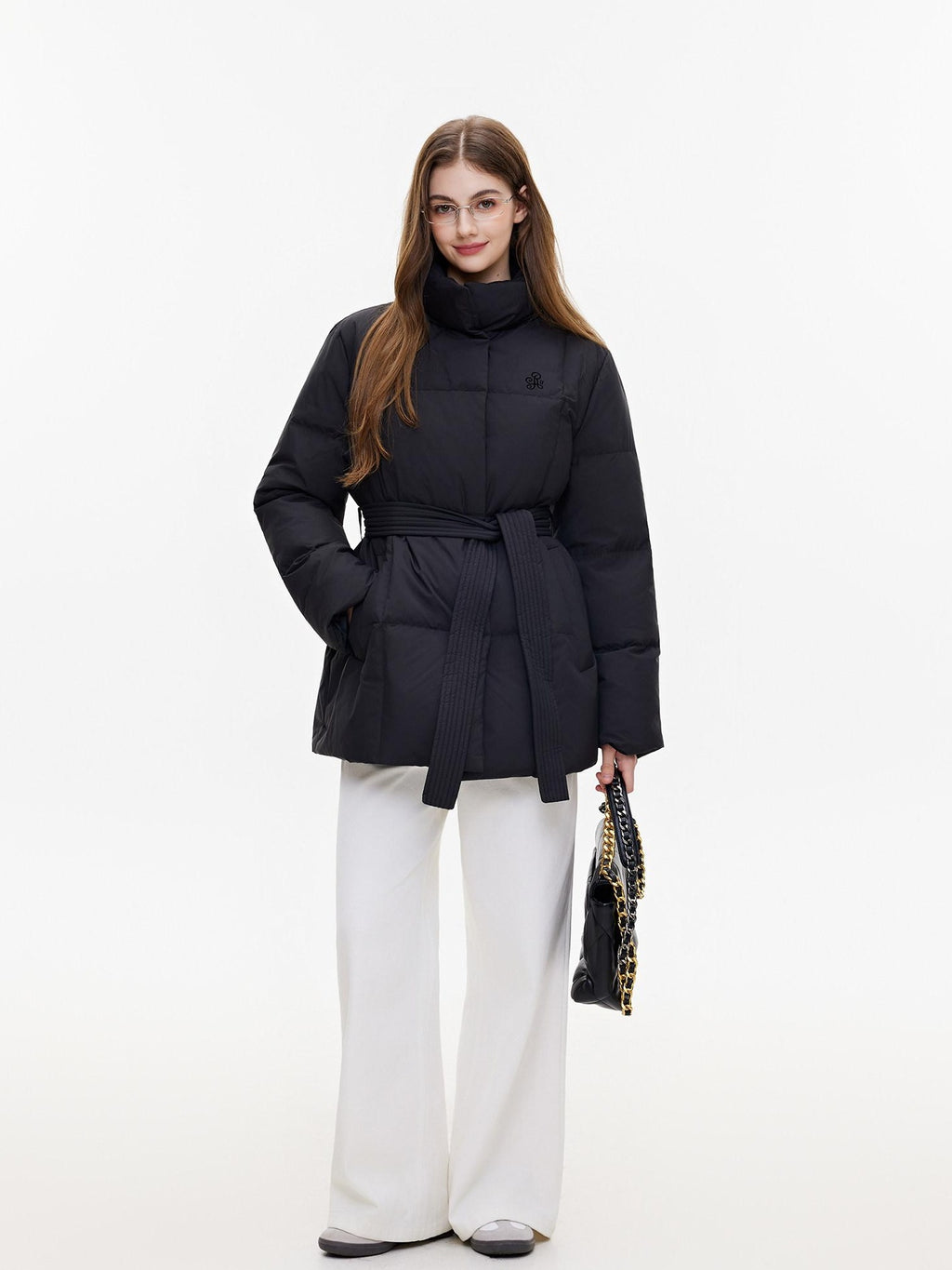 ikyou Insulated Embroidered Pocket Korean Loose Mid Length Stand Collar Puffer Jackets