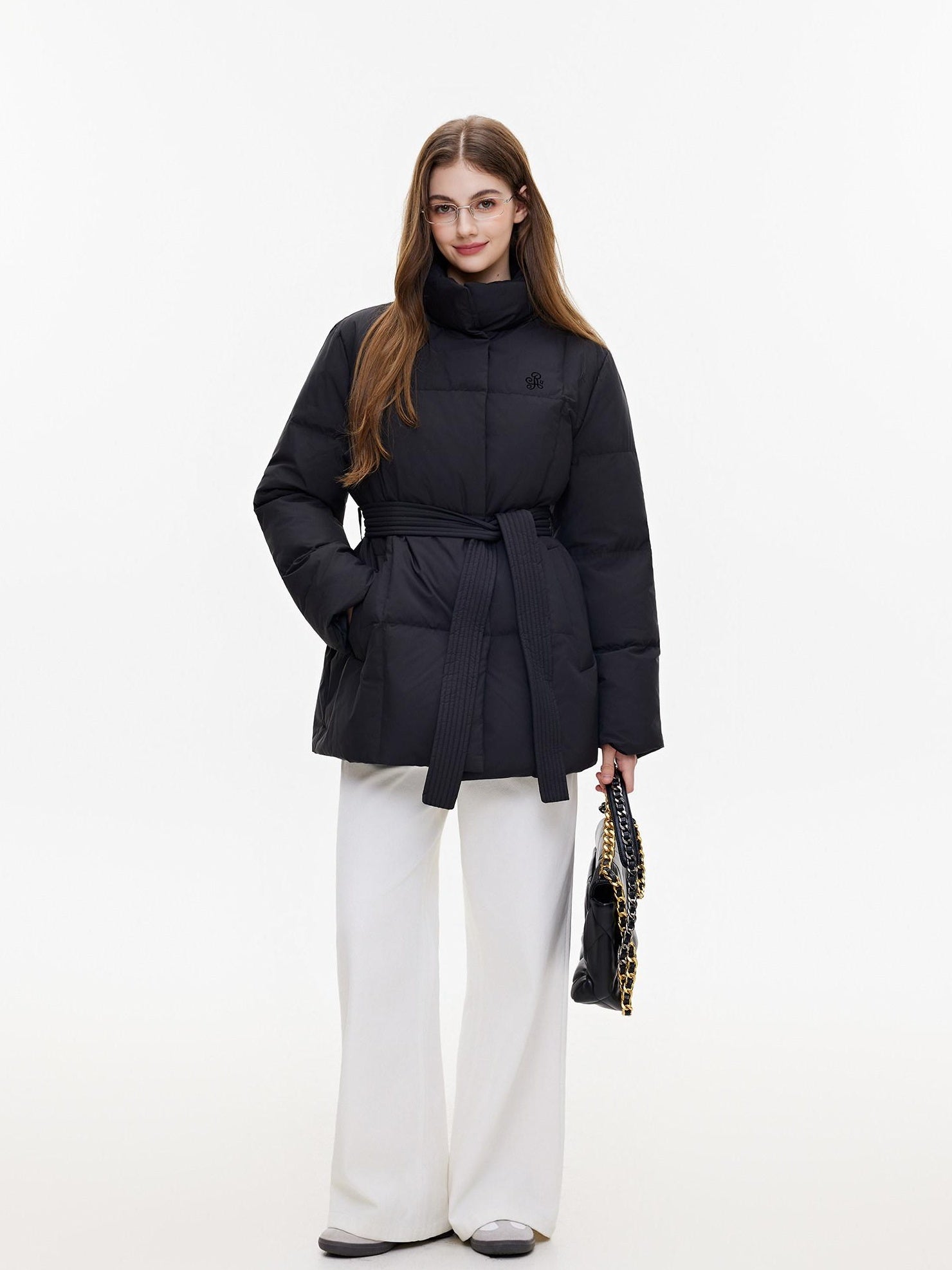 ikyou Insulated Embroidered Pocket Korean Loose Mid Length Stand Collar Puffer Jackets
