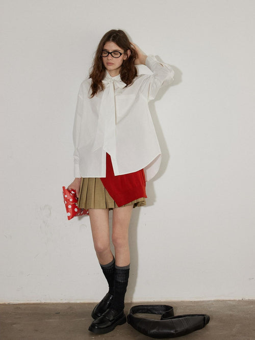 Lofi choose Elegant Ribbon Tie Neck Office Loose Fit Long Sleeve Button Blouses