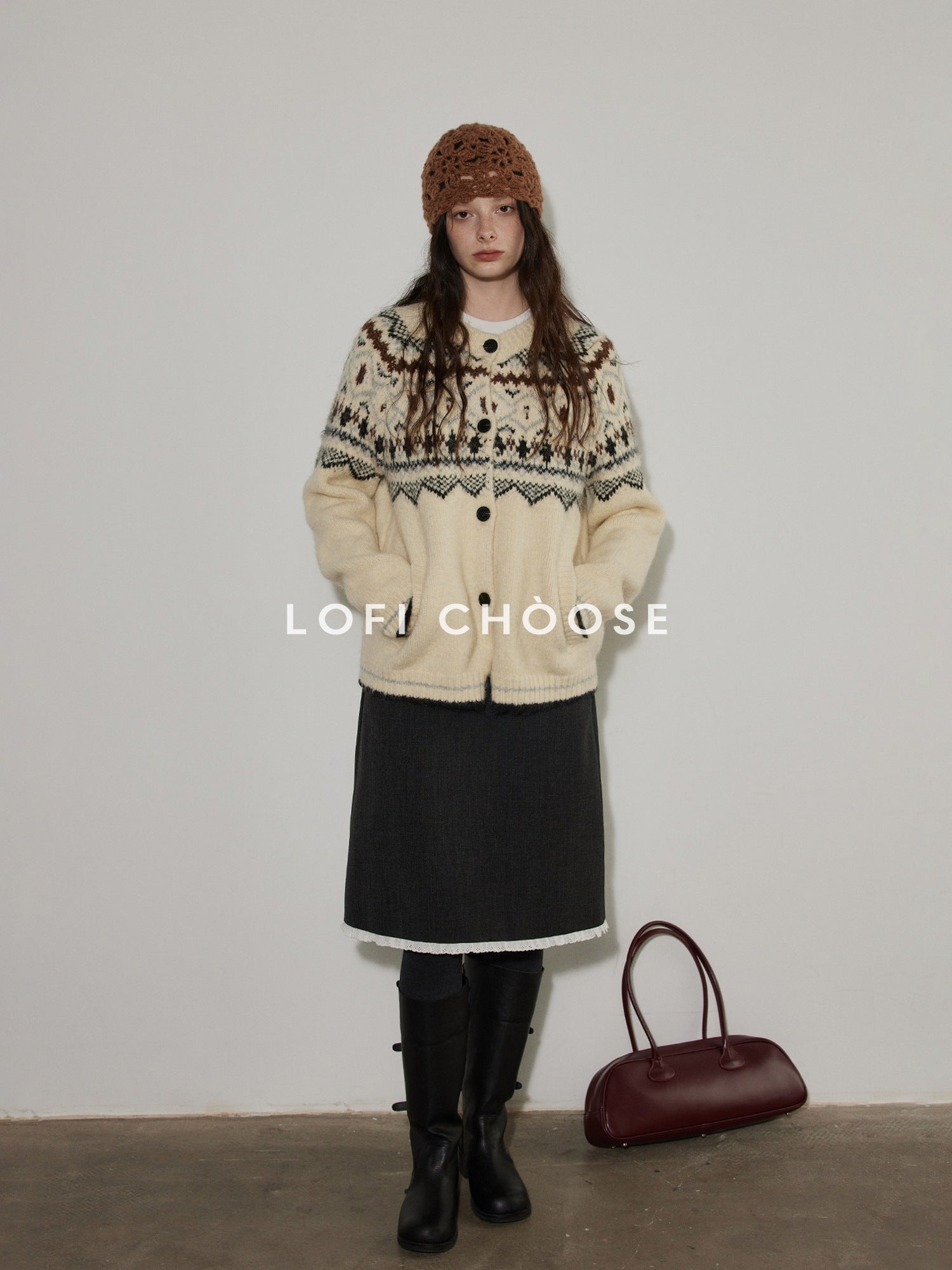 Lofi choose Soft Thick Knit Retro Geometric Button Front Round Neck Women Cream Cardigans