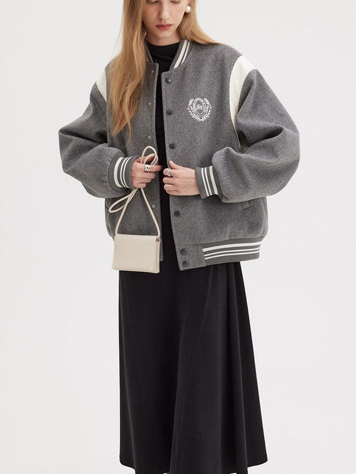 fano Embroidered Relaxed Fit Commuter Colorblock Crew Neck Women Bomber Jackets