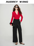 audreyyang Lyocell Wool Stretch Knit Slim Fit V-neck Womens Red Long Sleeve T-Shirts