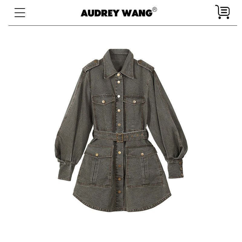 audreyyang_Pure_Cotton_Relaxed_Utility_Button_Women_Military_Green_Denim_Jackets_MISSTT