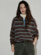 Lofi choose Cozy Colorblock Collared Oversized Striped Button Knit Pullover Women Sweaters