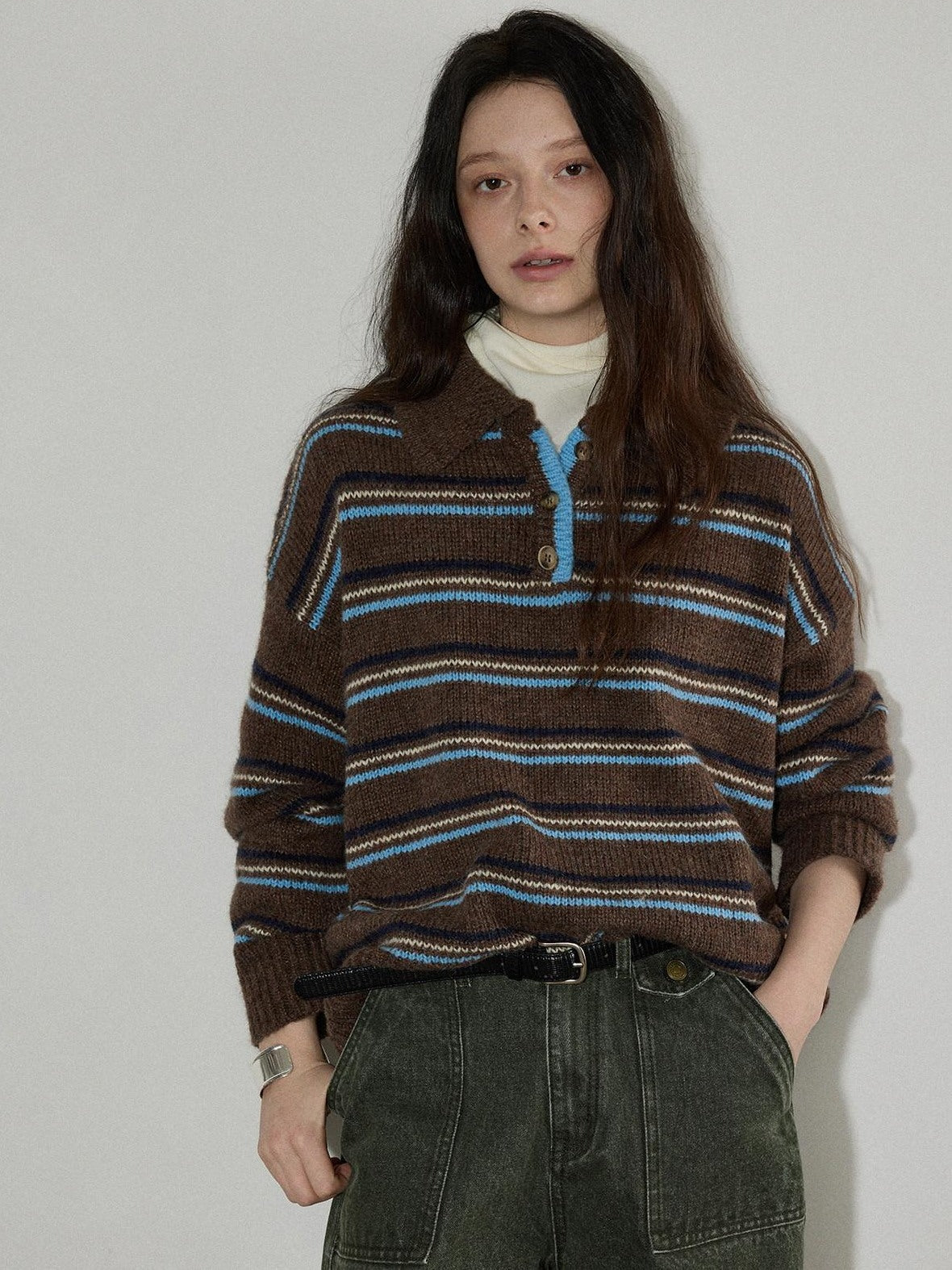 Lofi choose Cozy Colorblock Collared Oversized Striped Button Knit Pullover Women Sweaters