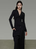 unspoken Breathable Lyocell Lace Slim Fit V-neck Long Sleeve Women Black Blouses