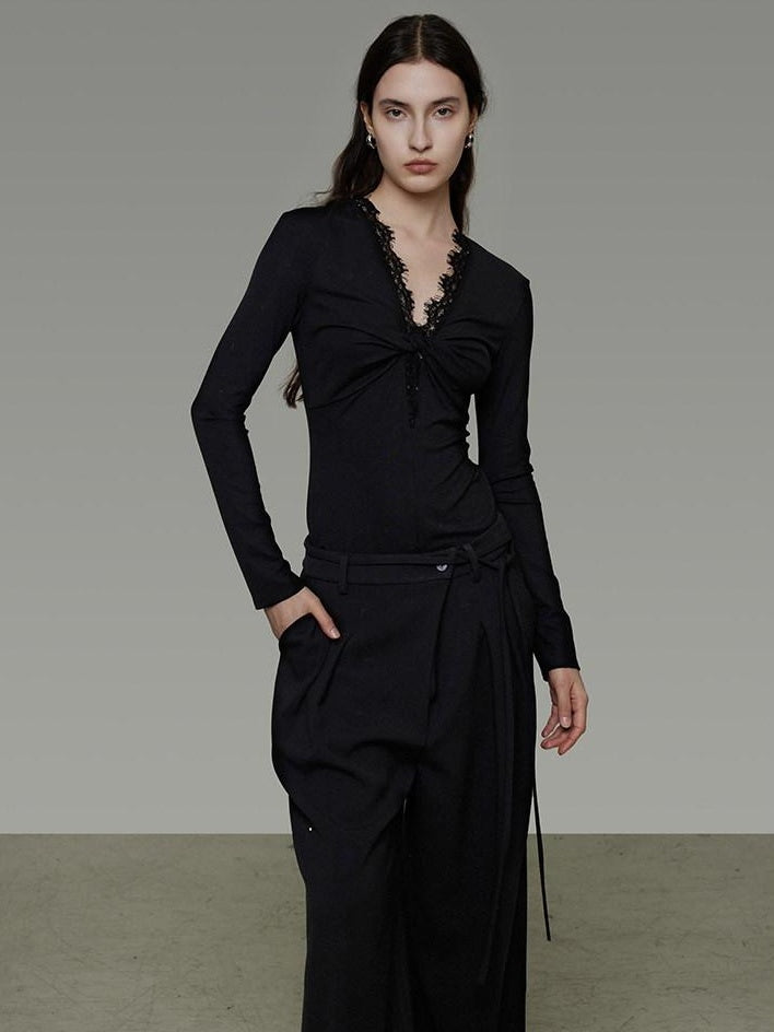 unspoken Breathable Lyocell Lace Slim Fit V-neck Long Sleeve Women Black Blouses