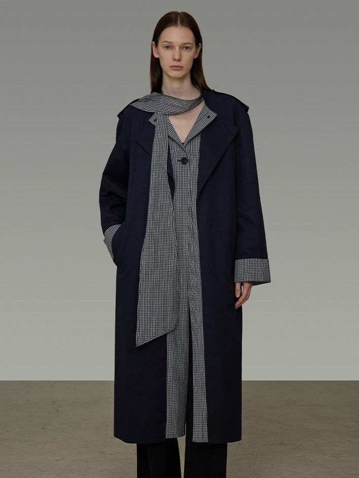 unspoken Minimal Navy Plaid Single Breasted Midlength Relaxed Women Trench Coats