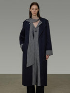 unspoken Minimal Navy Plaid Single Breasted Midlength Relaxed Women Trench Coats