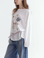 fano Cotton Blend Printed Crewneck Loose Fit Women White Long Sleeve T-Shirts