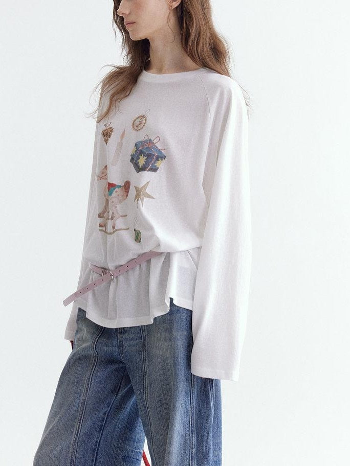 fano Cotton Blend Printed Crewneck Loose Fit Women White Long Sleeve T-Shirts