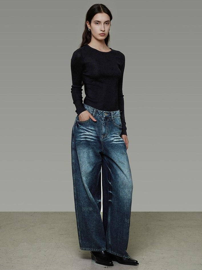 unspoken Washed High Waist Durable Workwear Vintage Blue Button Fly Rigid Wide Leg Jeans