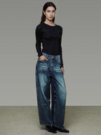 unspoken Washed High Waist Durable Workwear Vintage Blue Button Fly Rigid Wide Leg Jeans