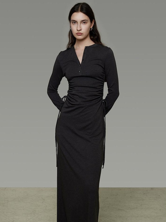 unspoken Breathable Tencel Ruched High Waist A Line Long Sleeve Slim Office Maxi Dresses