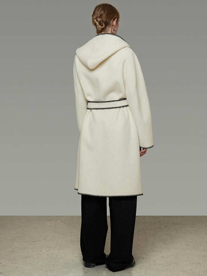 unspoken Thick Hooded Oversized Mid Length Tie Belt Minimalist Commuter White Wool Coats