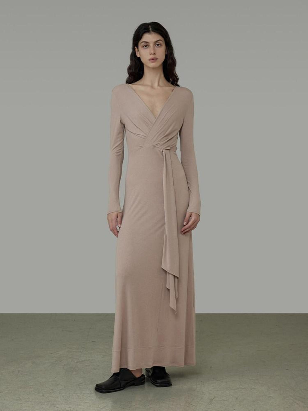 unspoken Lyocell V-neck High Waist Zip Longsleeve Pink Slim Knit Maxi Dresses