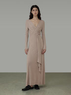 unspoken Lyocell V-neck High Waist Zip Longsleeve Pink Slim Knit Maxi Dresses