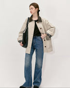 fano Patchwork Loose Fit Korean Casual 100 Percent Cotton Green Khaki Short Coat