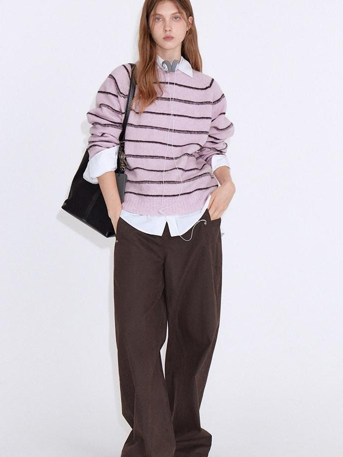 fano Soft Wool Blend Striped Cardigan Loose Fit Commuter Women Pink Knitted Sweaters