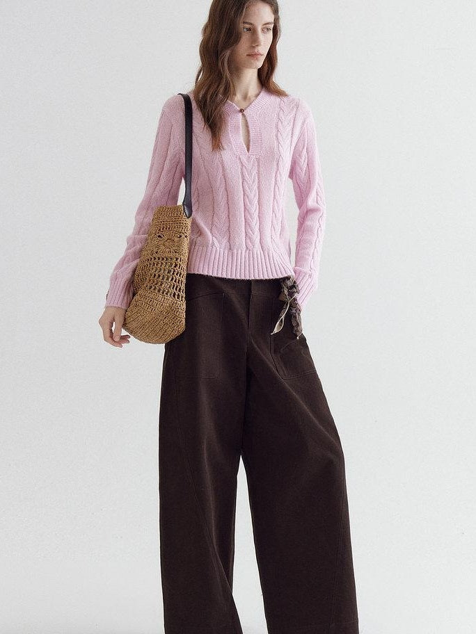fano Warm V-neck Button Detail Minimal Commuter Fit Pink Women Acrylic Blend Sweaters