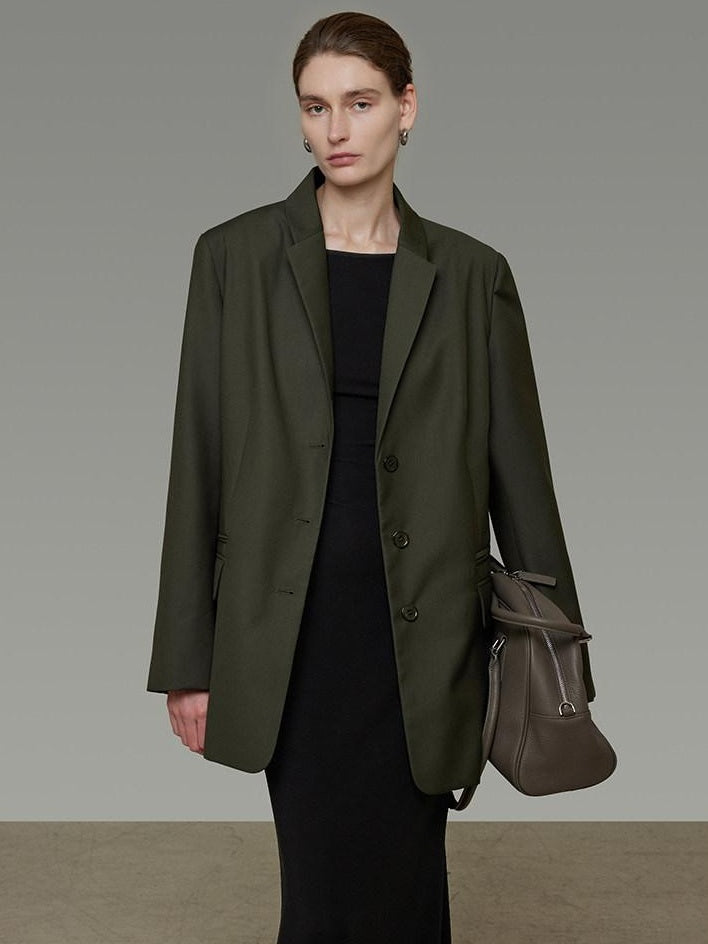 unspoken Breathable Dark Green Loose Lapel Blazer High Waist Casual Top & Skirt Sets