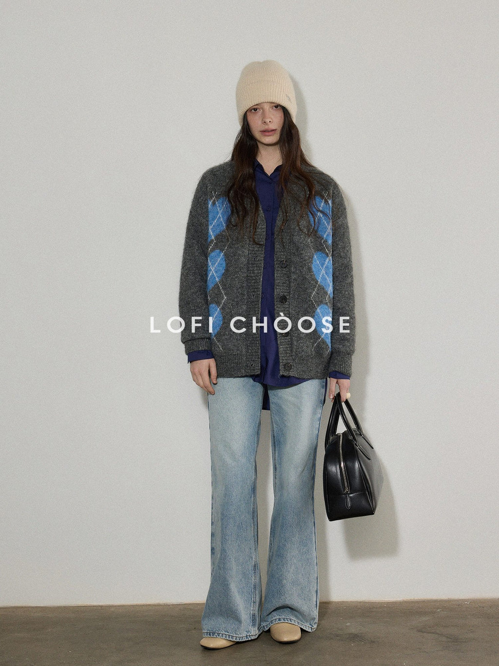 Lofi choose Cozy Wool Blend V-neck Button Front Relaxed Fit Heart Pattern Gray Cardigans