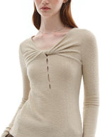 someonesometimes Soft Stretch V-neck Cutout Slim Fit Knit For Women Apricot Long Sleeve T-Shirts