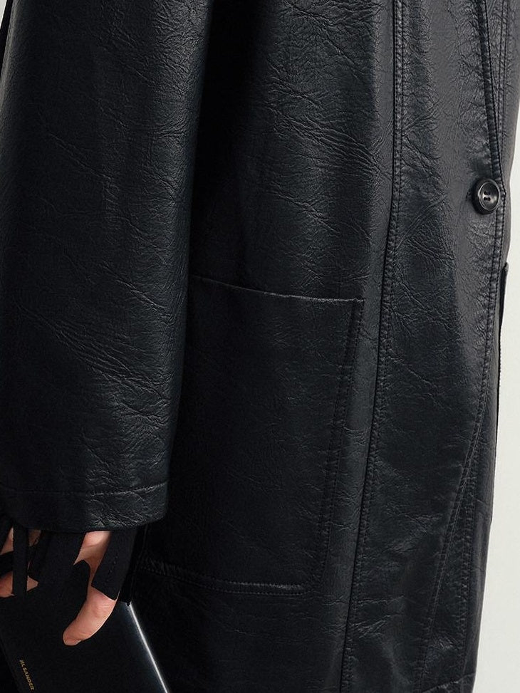 audreyyang Pu Leather Mid Length V-neck Oversized Workwear Office Casual Blazers