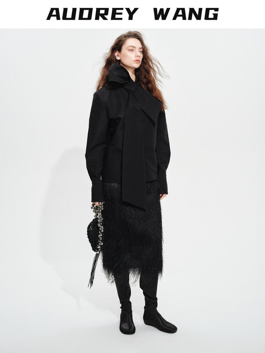 audreyyang Fringe Front Slit Mid Waist Straight Elastic Waist Lined Women Black Midi Skirts