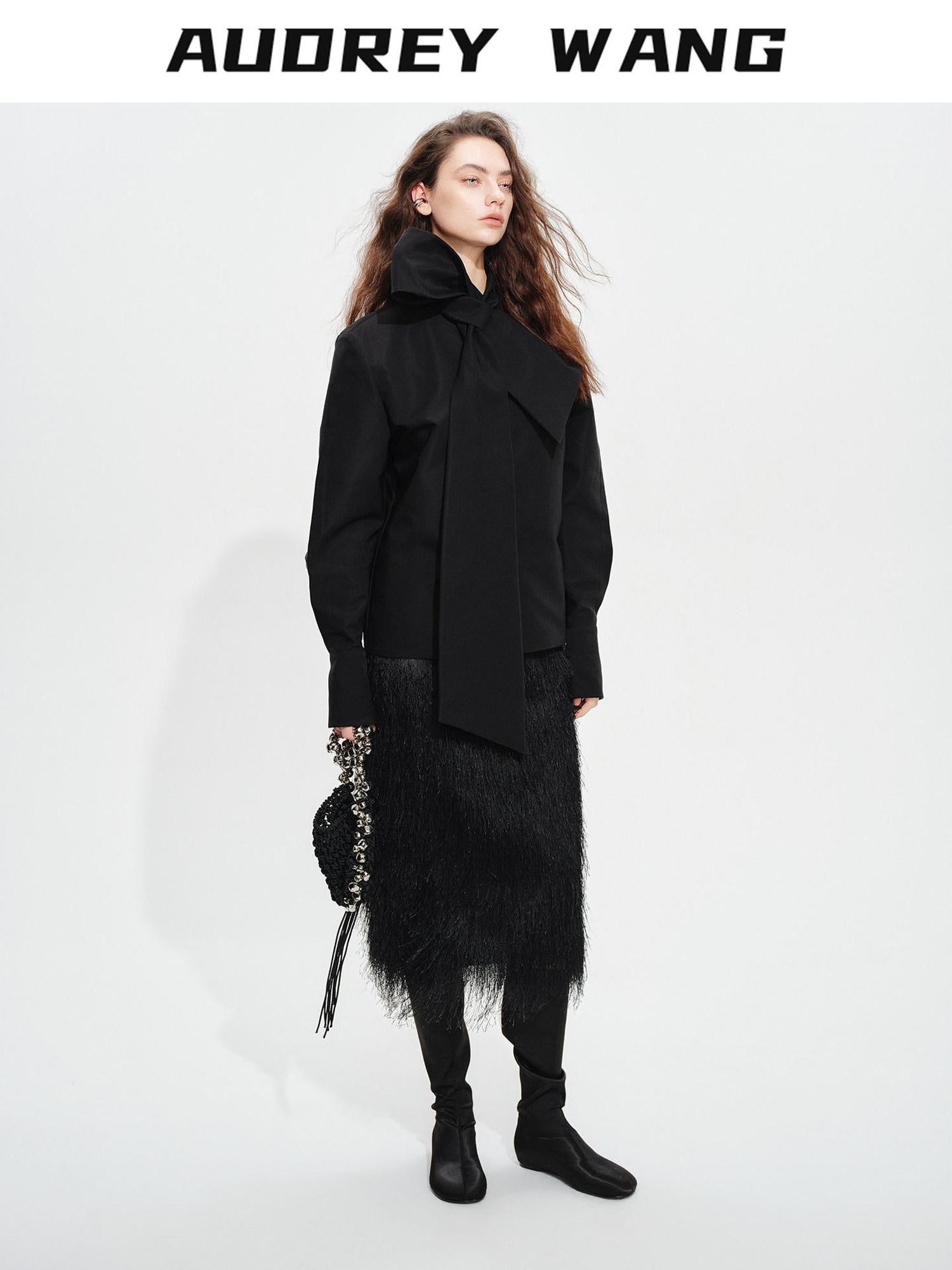 audreyyang Fringe Front Slit Mid Waist Straight Elastic Waist Lined Women Black Midi Skirts
